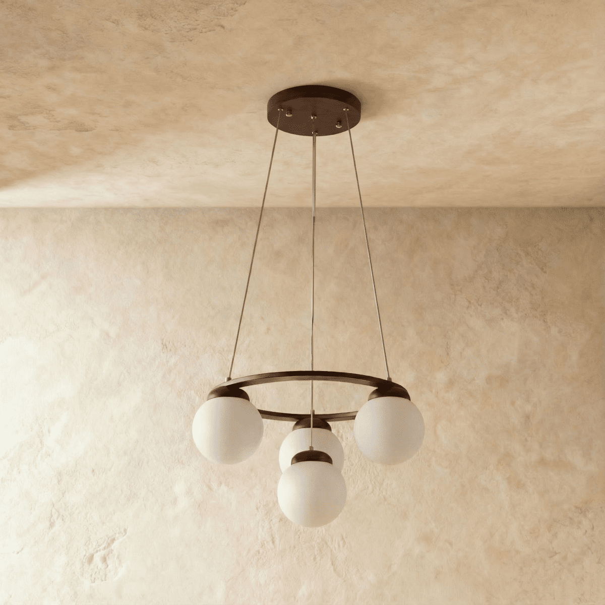 Lumen Drift gömb csillár fa gyűrűvel és matt üveg gömbökkel