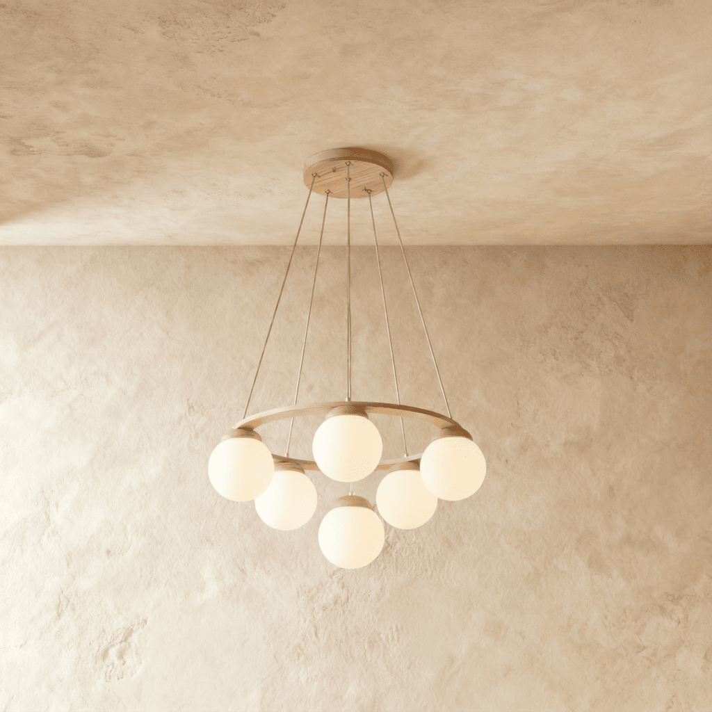 Lumen Drift gömb csillár fa gyűrűvel és matt üveg gömbökkel