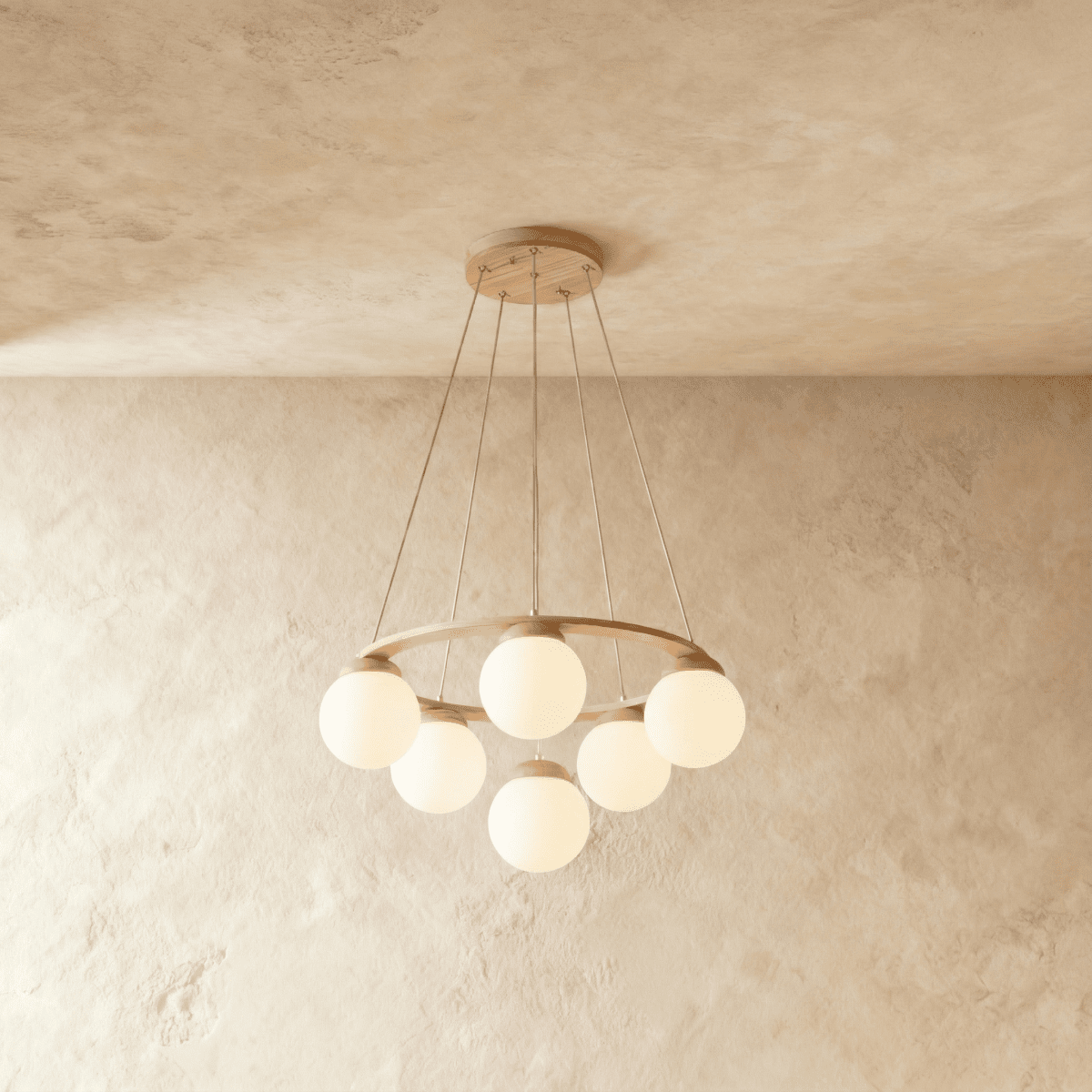 Lumen Drift gömb csillár fa gyűrűvel és matt üveg gömbökkel