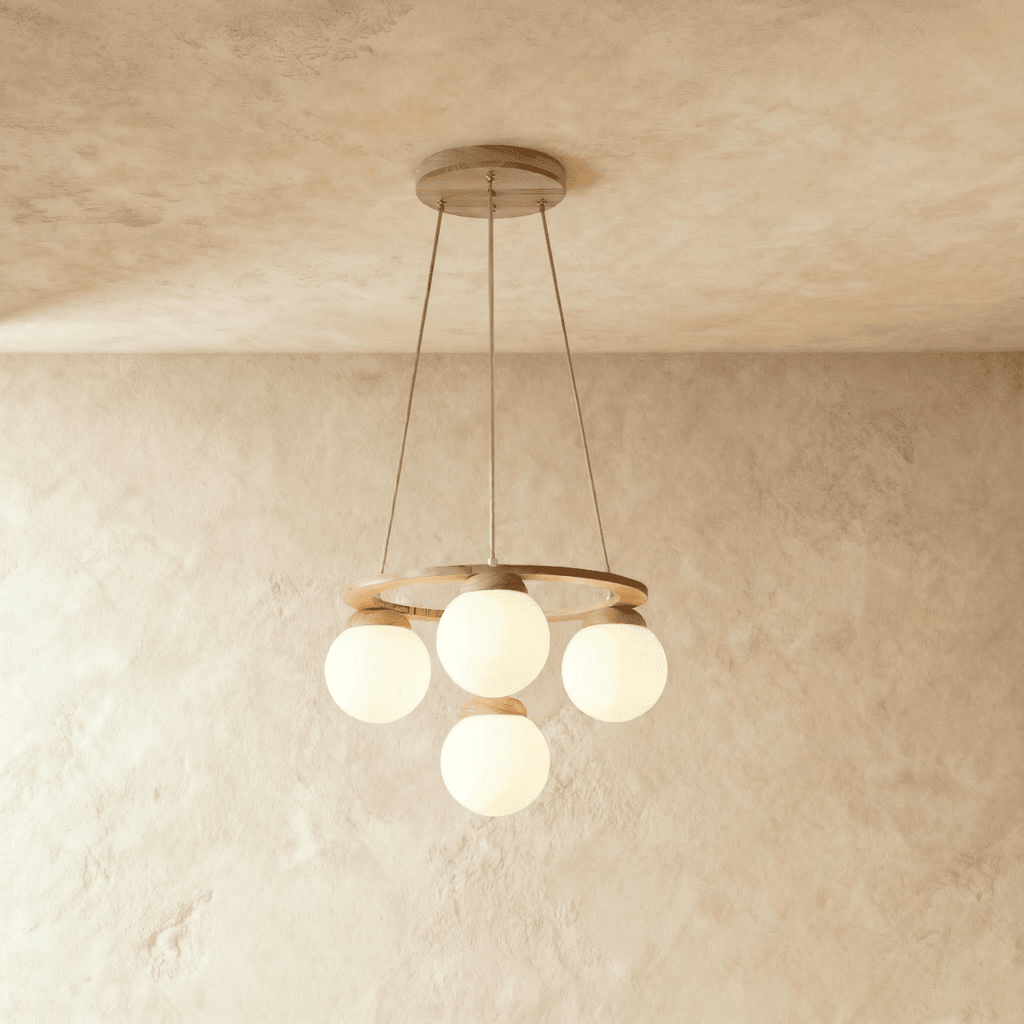 Lumen Drift gömb csillár fa gyűrűvel és matt üveg gömbökkel