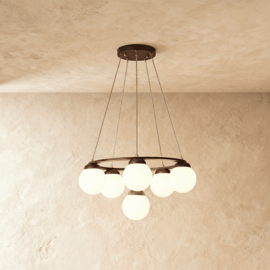 Lumen Drift gömb csillár fa gyűrűvel és matt üveg gömbökkel