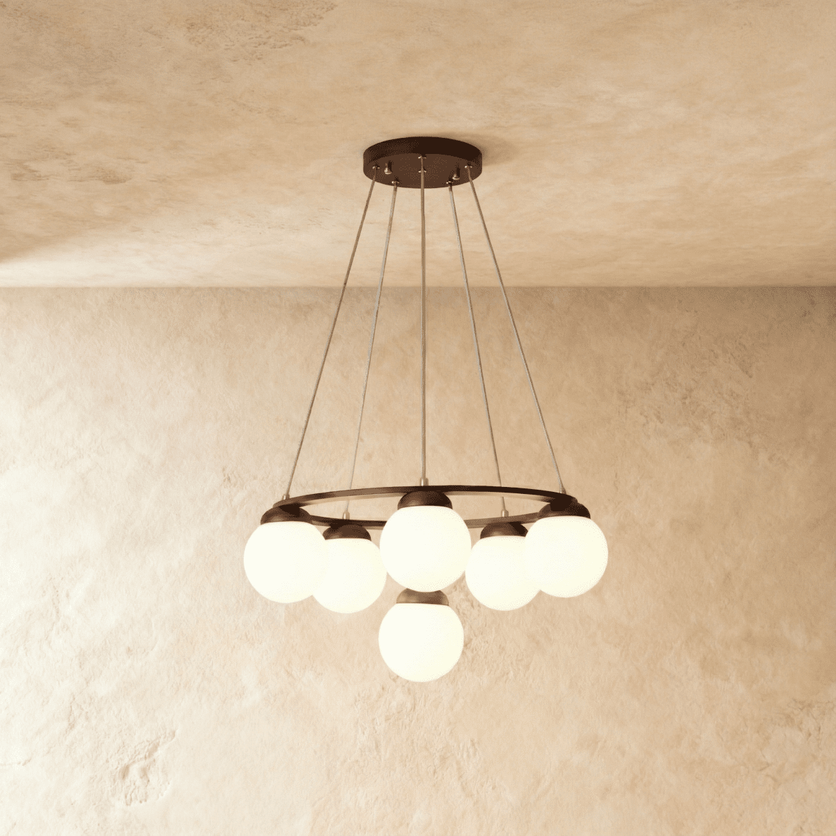 Lumen Drift gömb csillár fa gyűrűvel és matt üveg gömbökkel