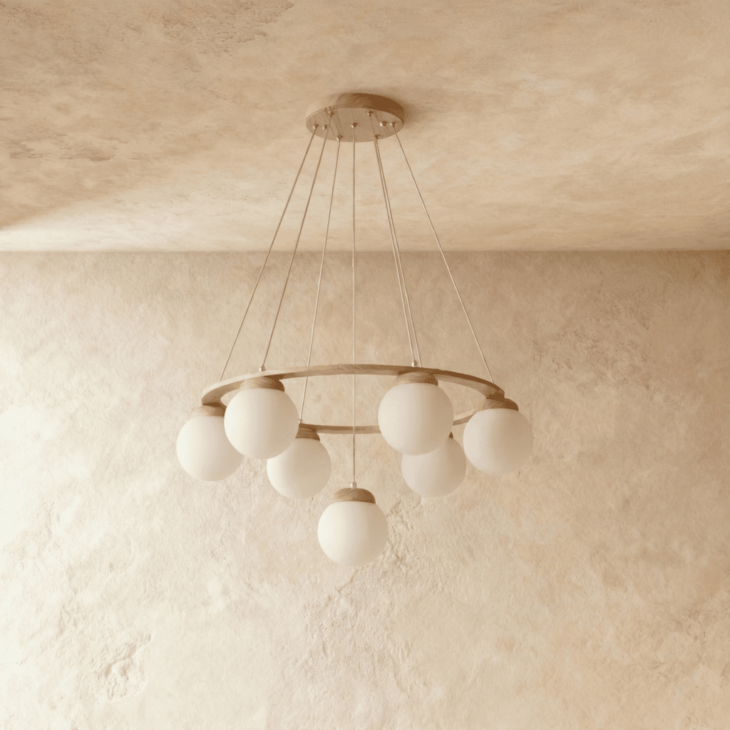 Lumen Drift gömb csillár fa gyűrűvel és matt üveg gömbökkel