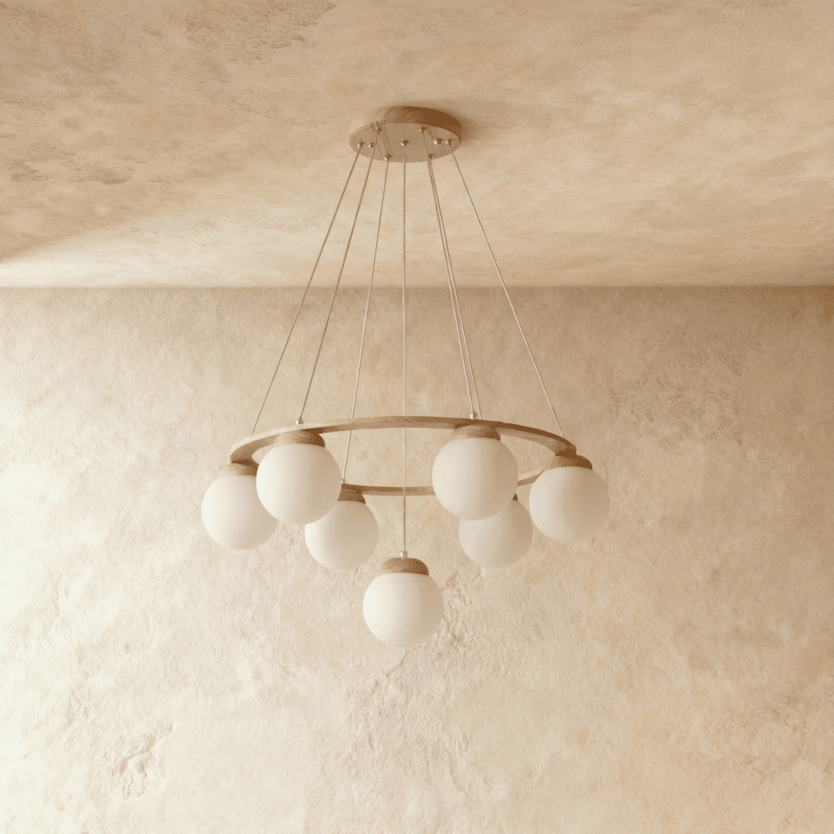 Lumen Drift gömb csillár fa gyűrűvel és matt üveg gömbökkel