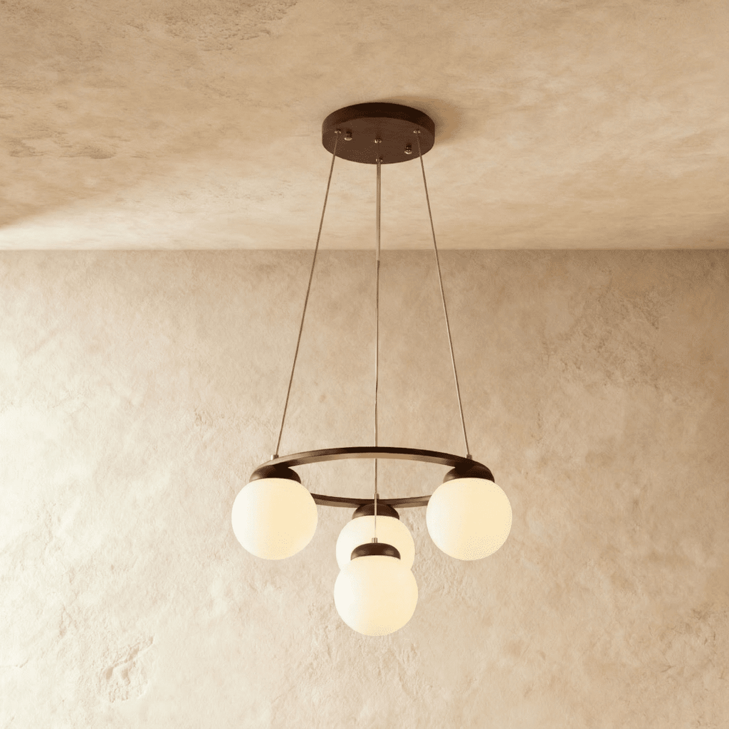 Lumen Drift gömb csillár fa gyűrűvel és matt üveg gömbökkel
