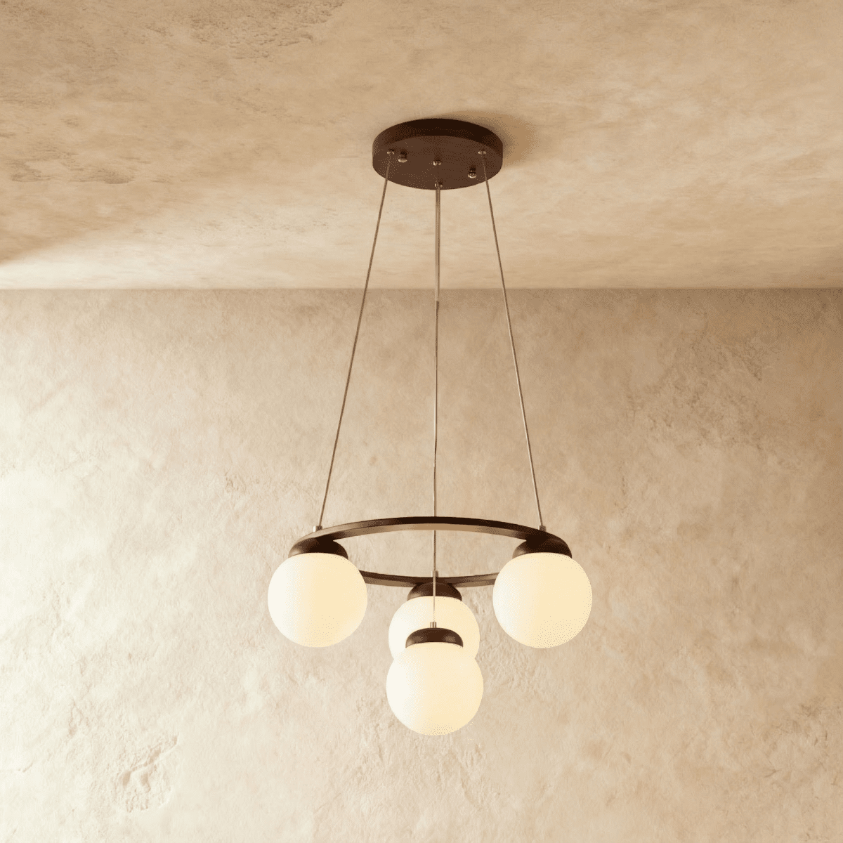 Lumen Drift gömb csillár fa gyűrűvel és matt üveg gömbökkel