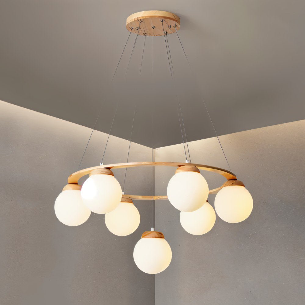 Lumen Drift gömb csillár fa gyűrűvel és matt üveg gömbökkel
