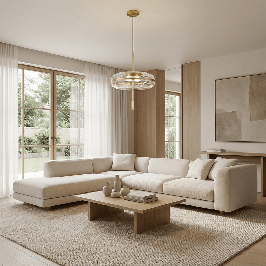 Lampa wisząca Rippled Glass z rzeźbiarską metalową ramą i miękkim światłem