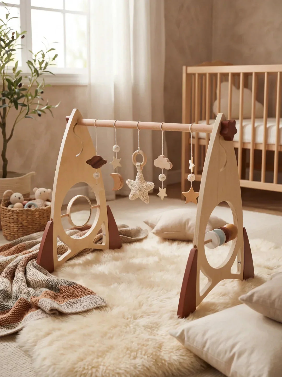 Arche d’éveil en bois massif pour bébé avec jouets fusée et étoile