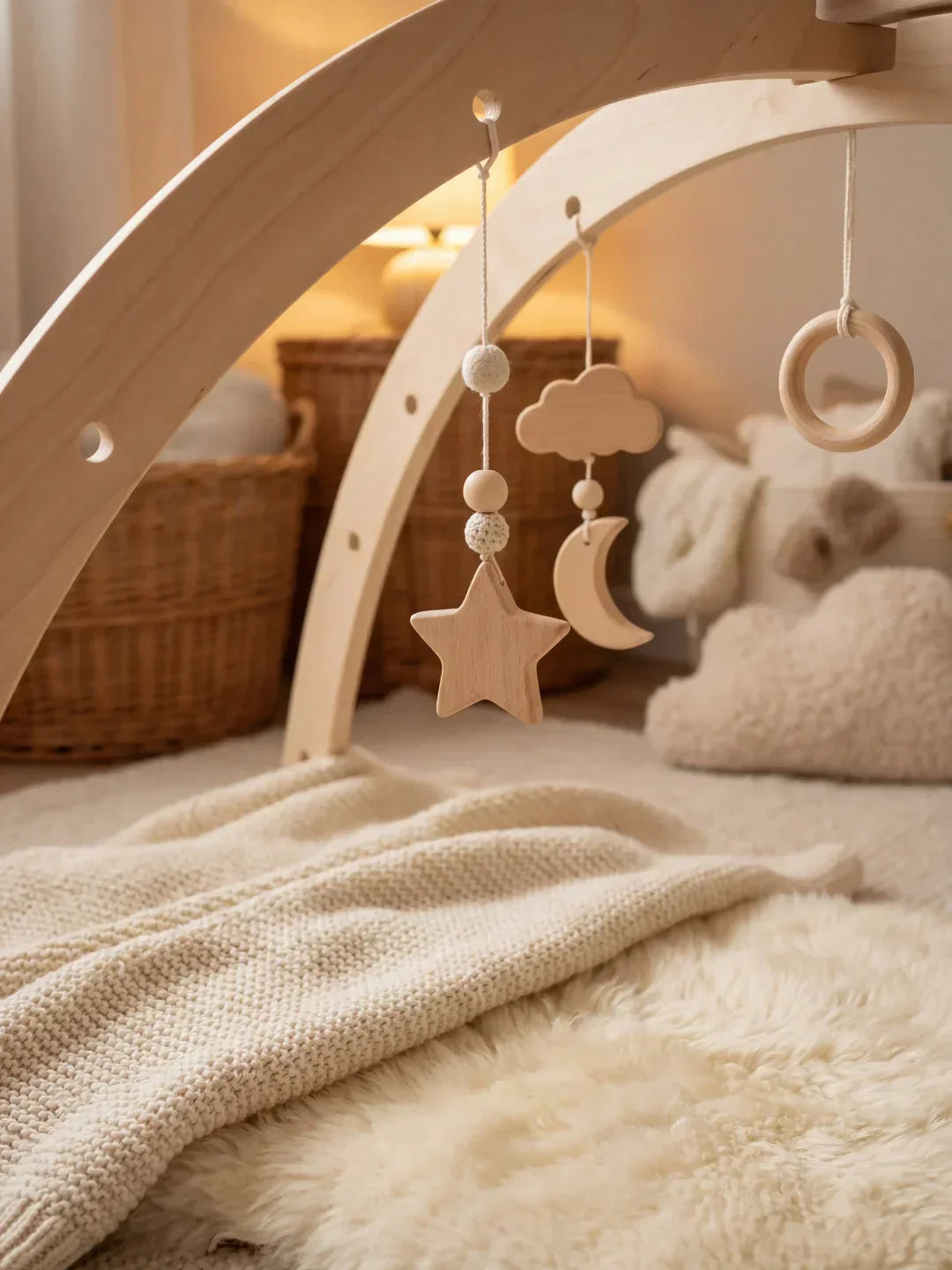 Wooden Baby Play Arch With Hanging Moon, Stars & Clouds