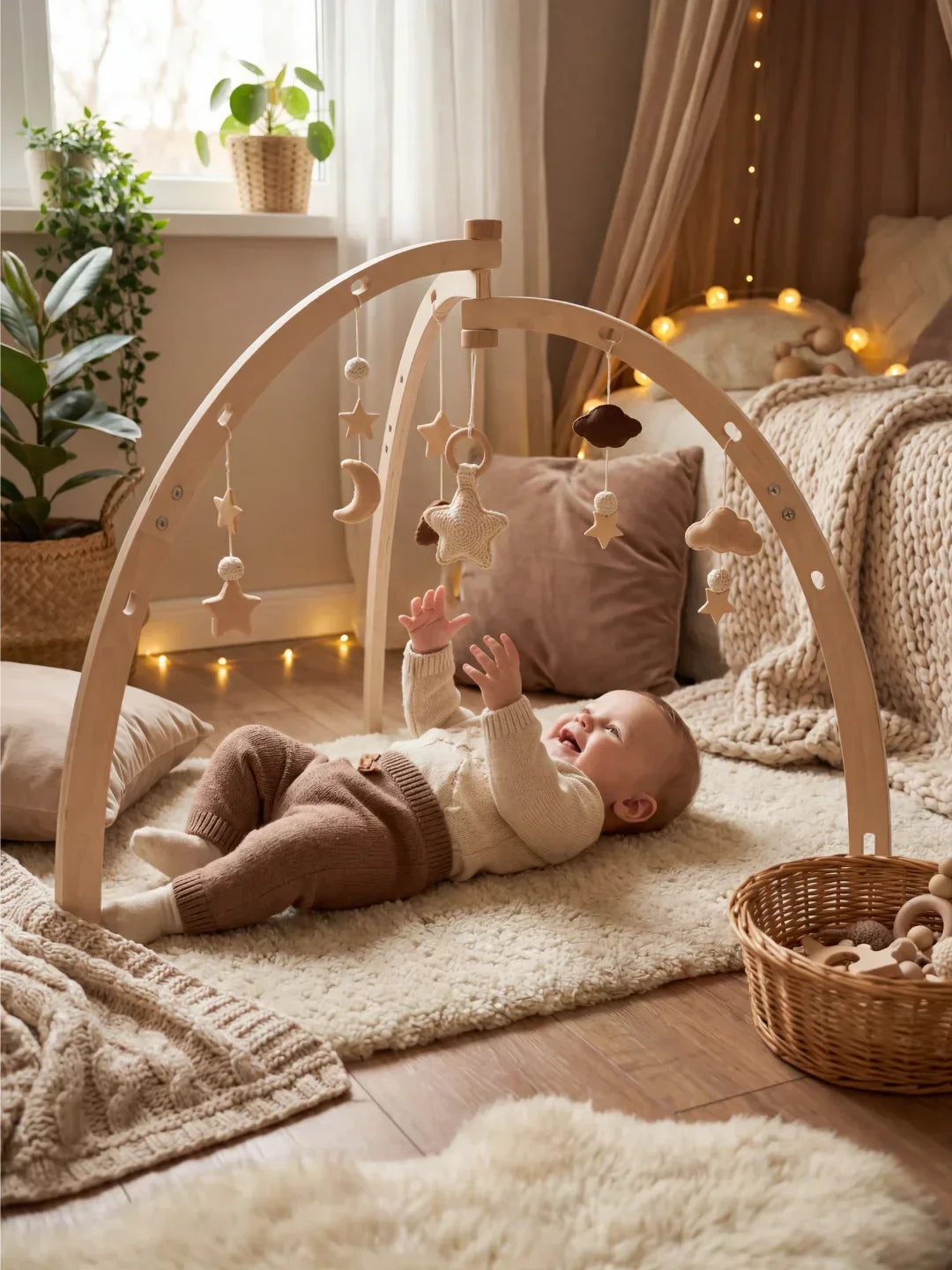 Wooden Baby Play Arch With Hanging Moon, Stars & Clouds