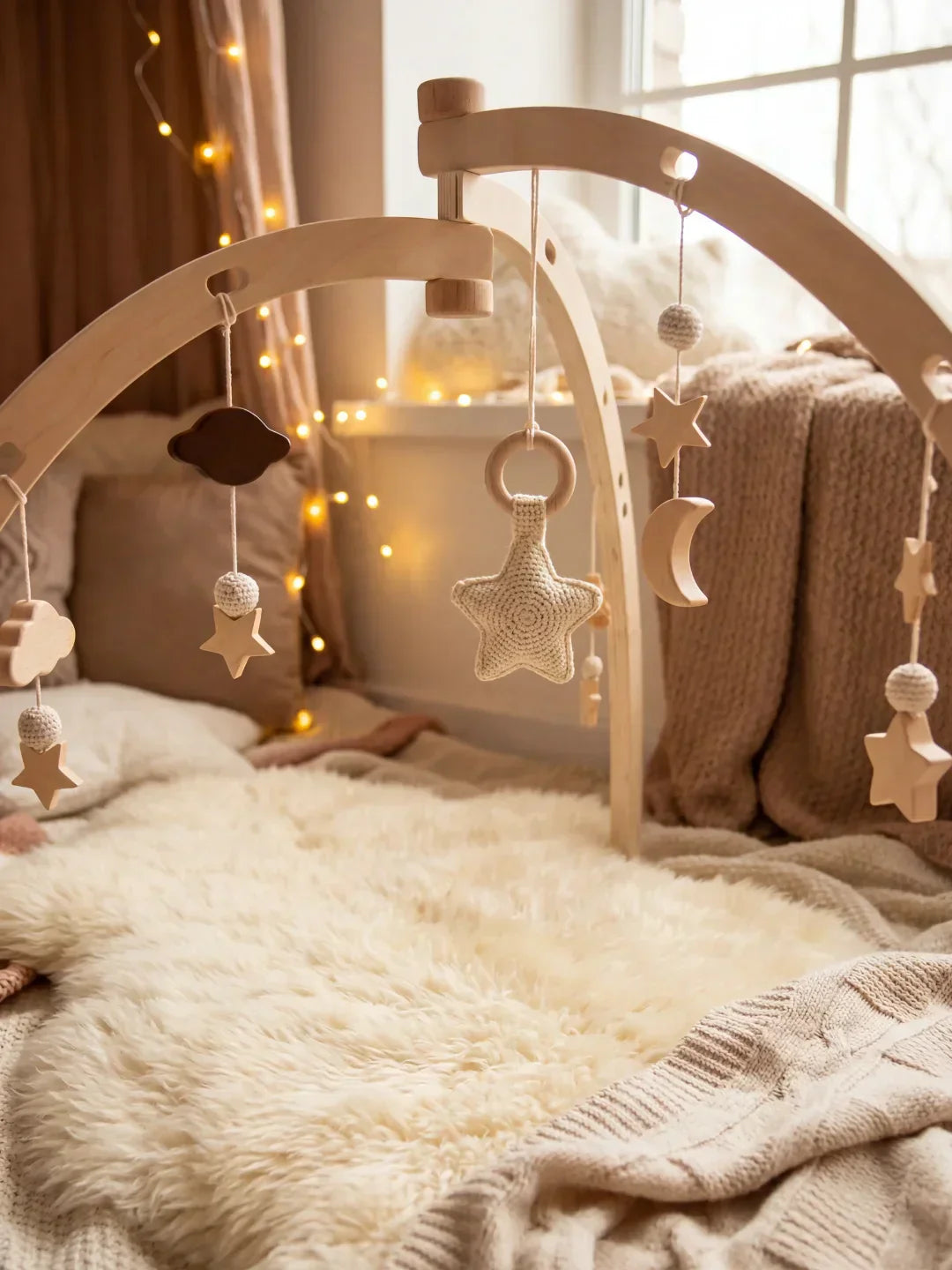 Wooden Baby Play Arch With Hanging Moon, Stars & Clouds