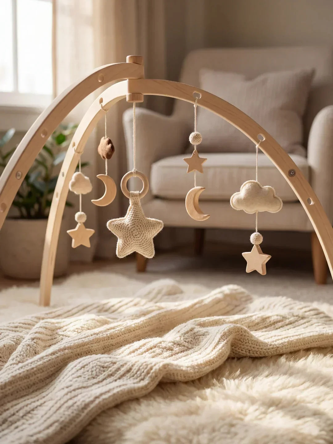 Wooden Baby Play Arch With Hanging Moon, Stars & Clouds