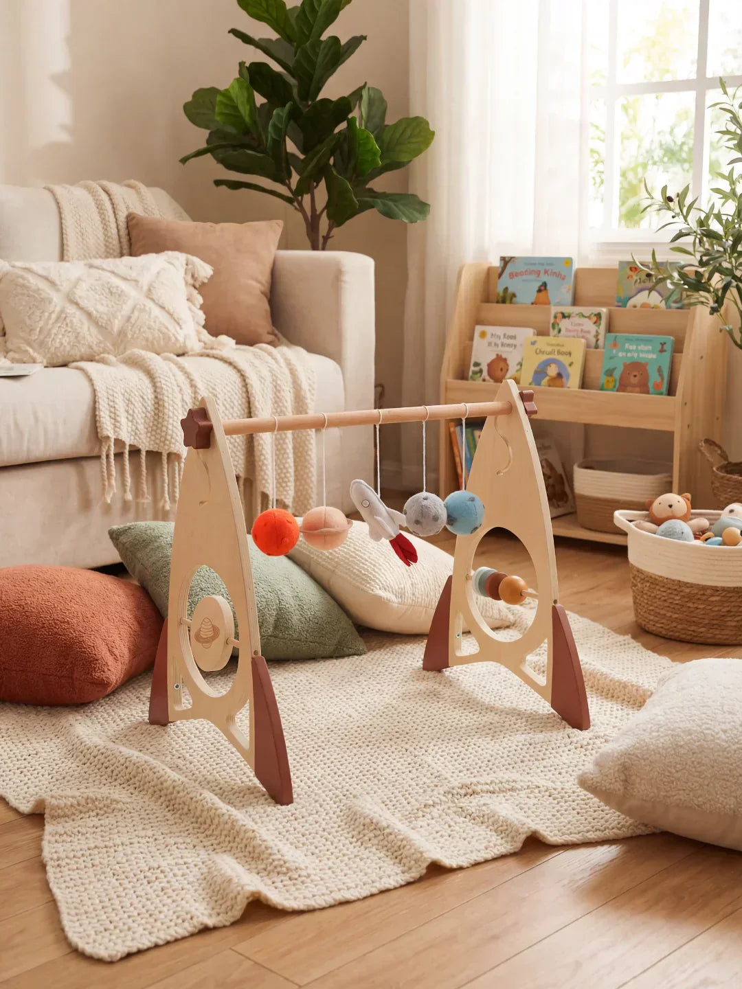 Arche d’éveil en bois massif pour bébé avec jouets fusée et étoile