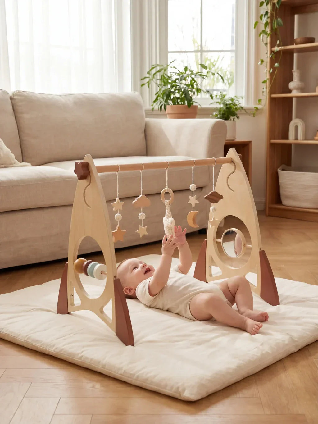 Arche d’éveil en bois massif pour bébé avec jouets fusée et étoile