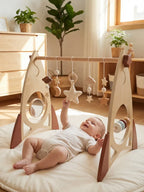Arche d’éveil en bois massif pour bébé avec jouets fusée et étoile