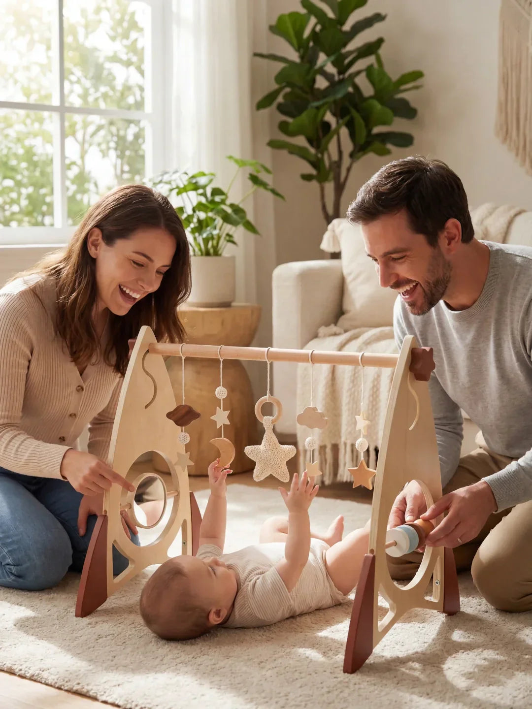 Arche d’éveil en bois massif pour bébé avec jouets fusée et étoile