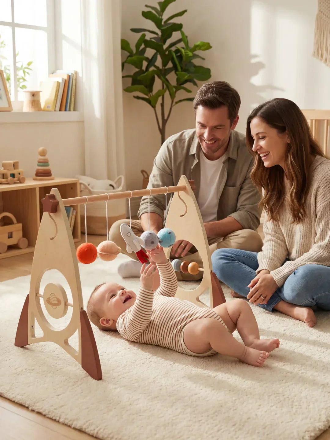 Arche d’éveil en bois massif pour bébé avec jouets fusée et étoile