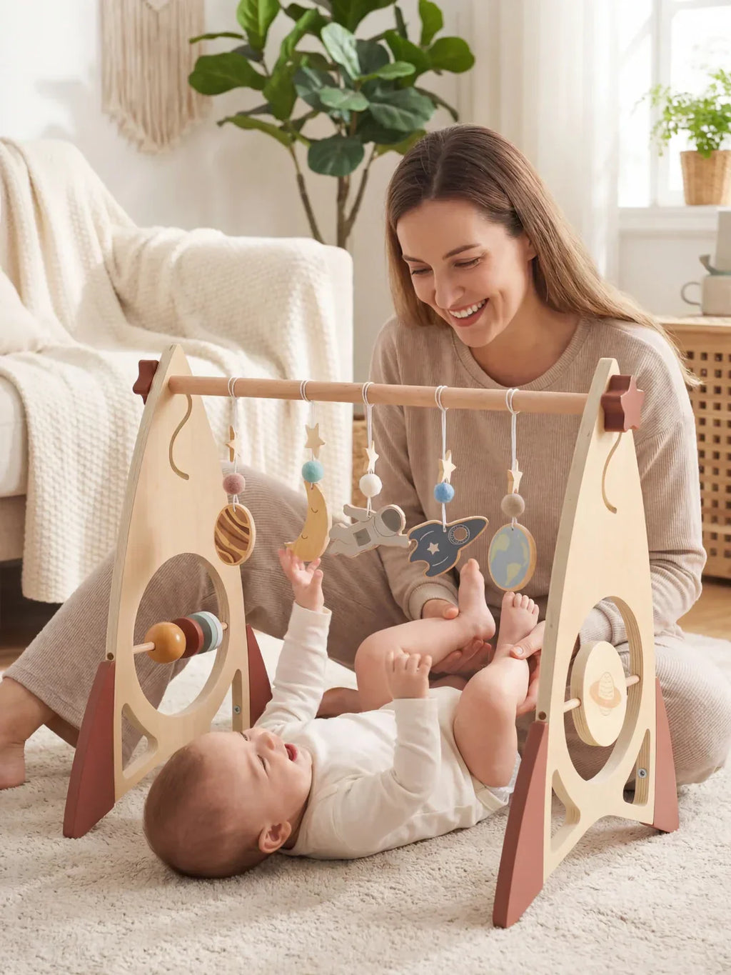 Arche d’éveil en bois massif pour bébé avec jouets fusée et étoile