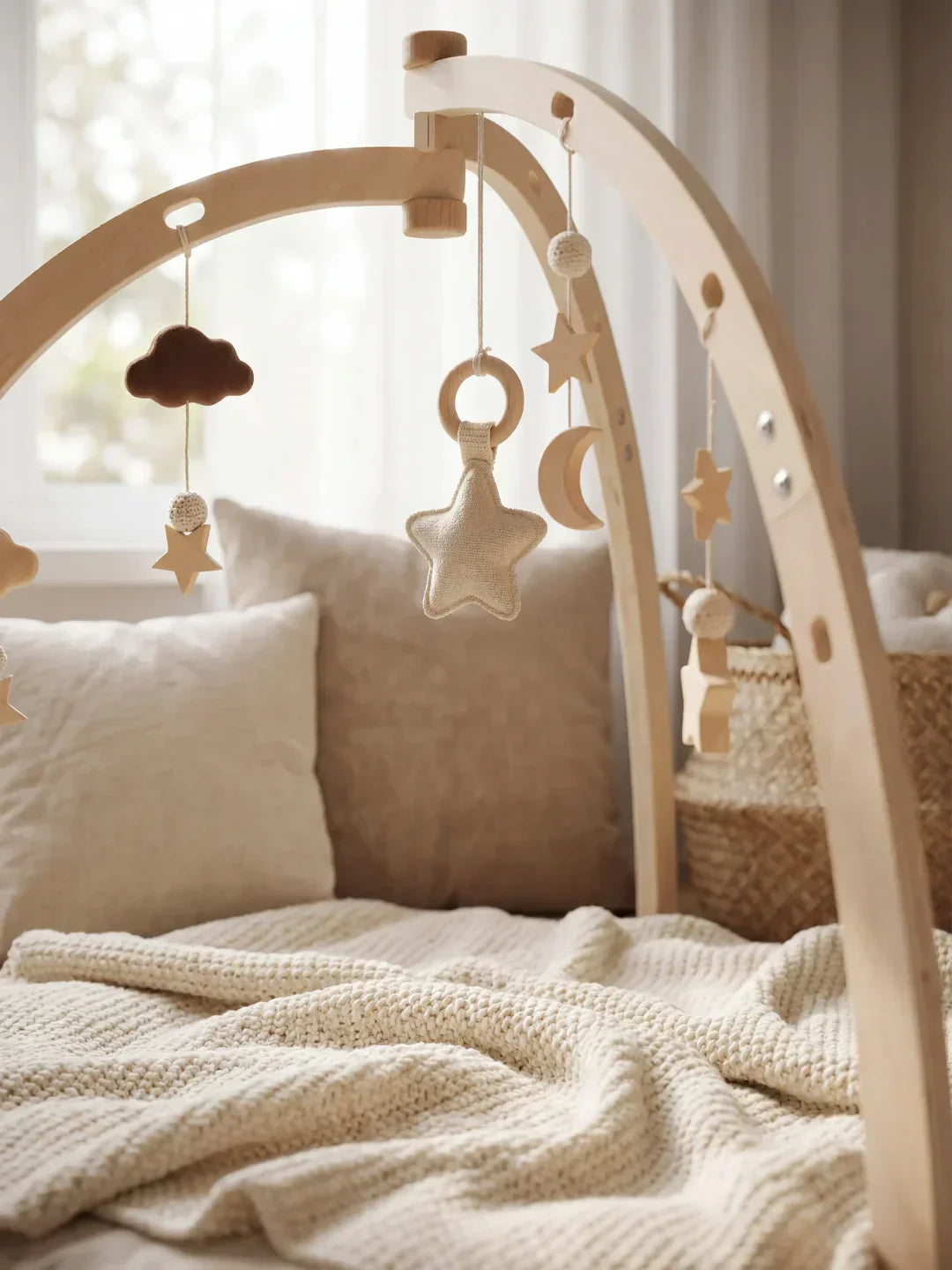 Wooden Baby Play Arch With Hanging Moon, Stars & Clouds