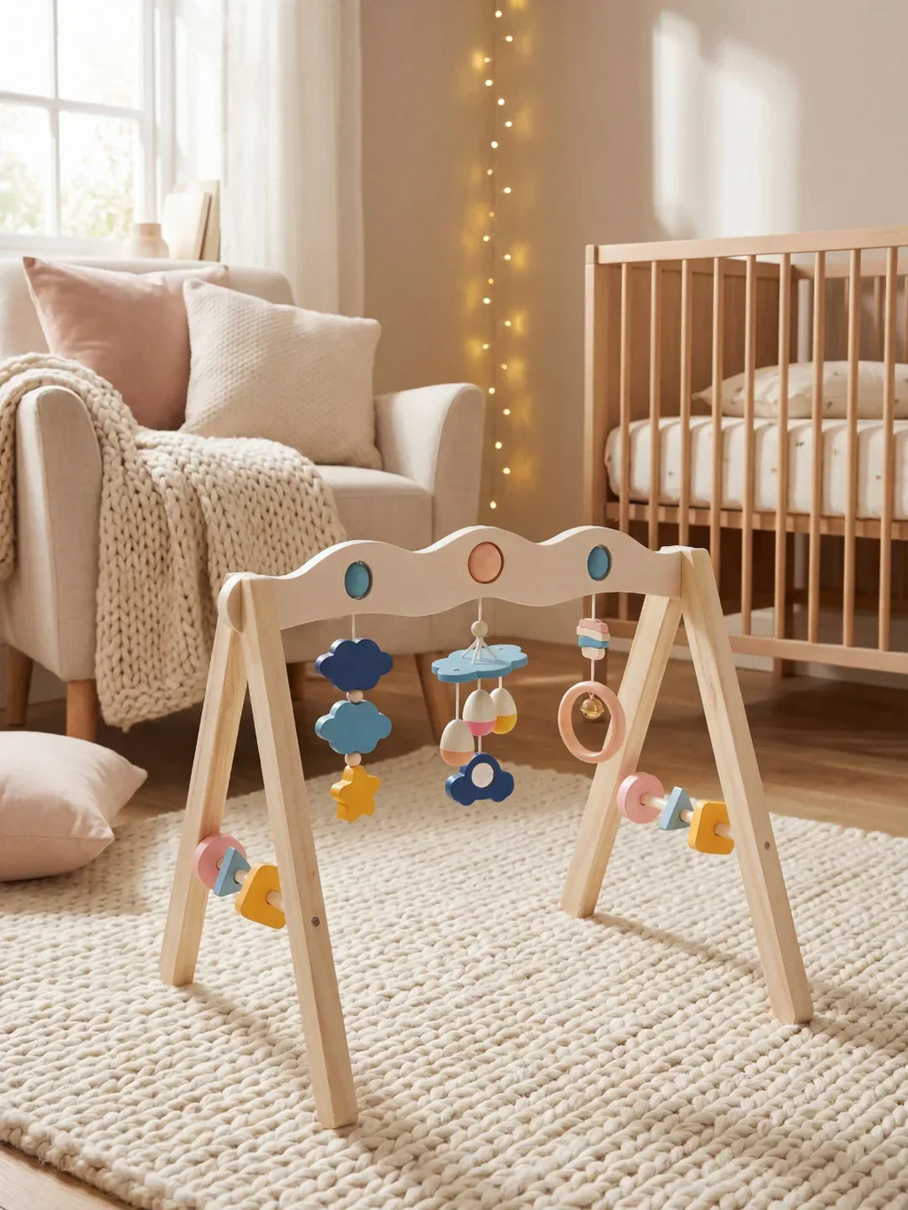 Aktivitetsbue i naturligt træ – sanselegetøj og babygym til babyer og småbørn | Fioriscas