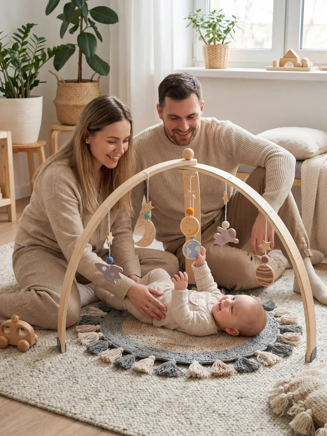 صالة ألعاب خشبية مقبّبة للرضع مع ألعاب حسية بتصميم الفضاء