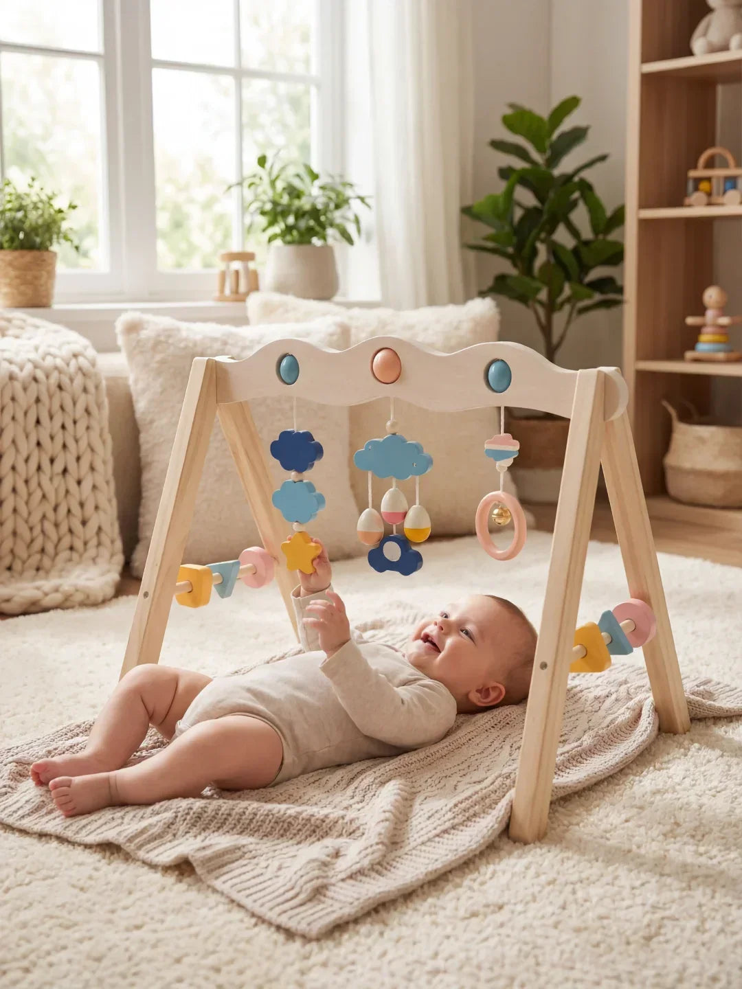 Aktivitetsbue i naturligt træ – sanselegetøj og babygym til babyer og småbørn | Fioriscas