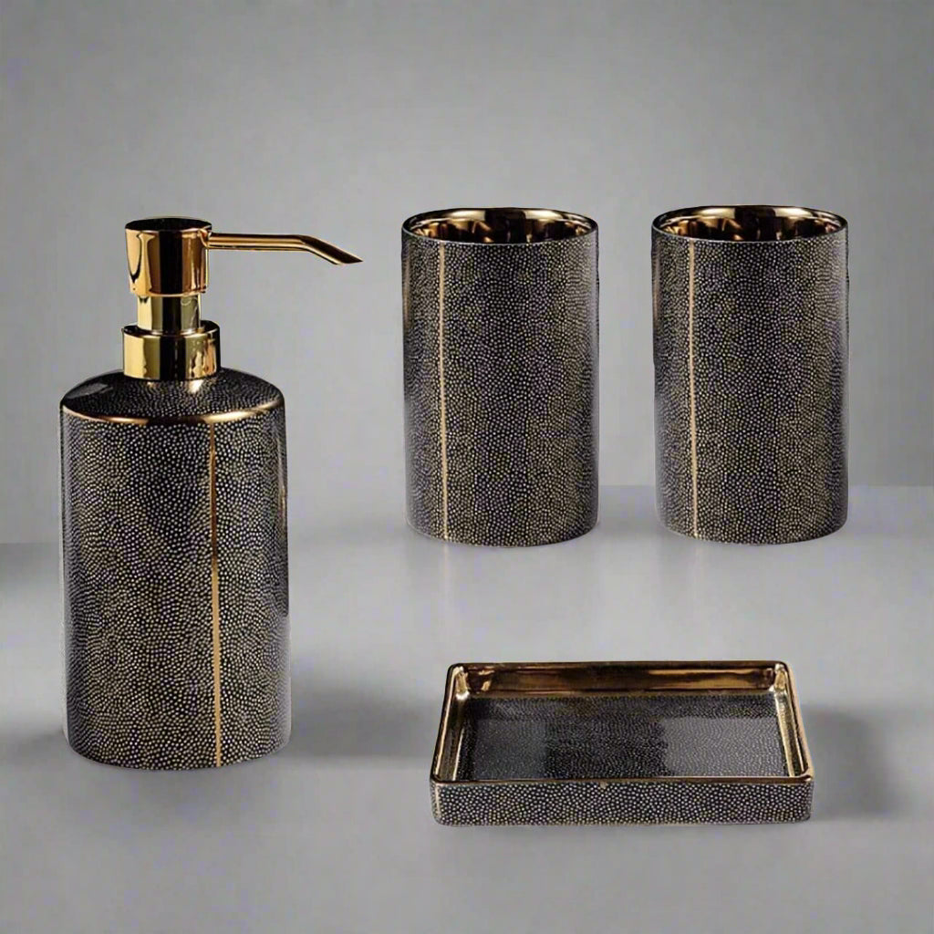 Lumenora 4-Piece Ceramic Bathroom Accessory Set, Gold-Toned Accents