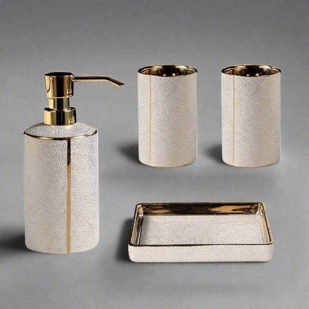 Lumenora 4-Piece Ceramic Bathroom Accessory Set, Gold-Toned Accents