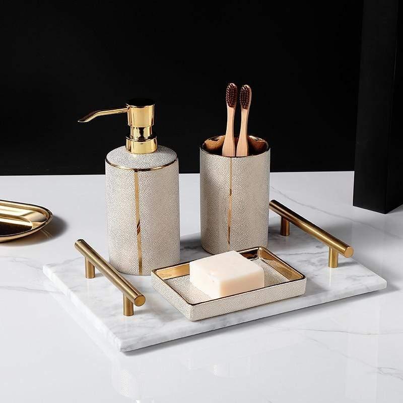 Lumenora 4-Piece Ceramic Bathroom Accessory Set, Gold-Toned Accents