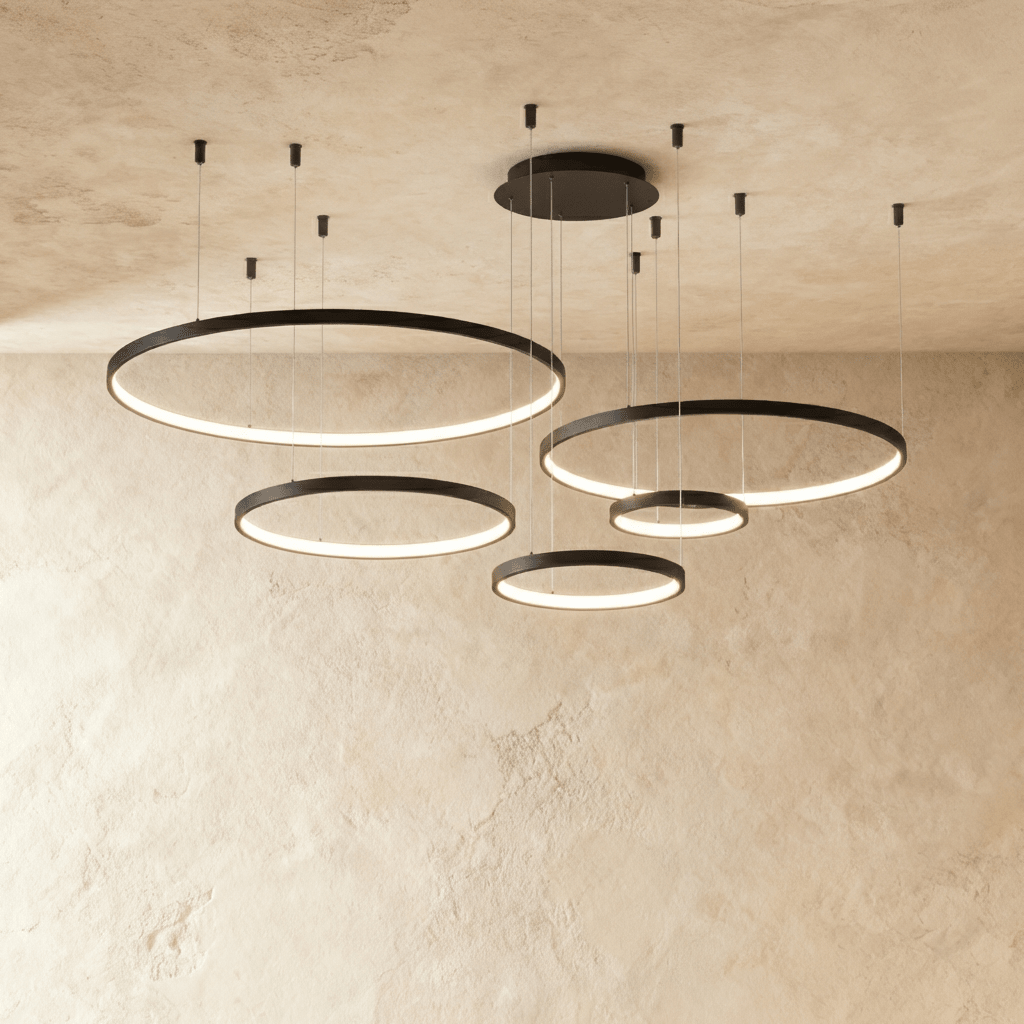 Lustr Aurora Circle s jemným halo osvětlením nad jídelním stolem