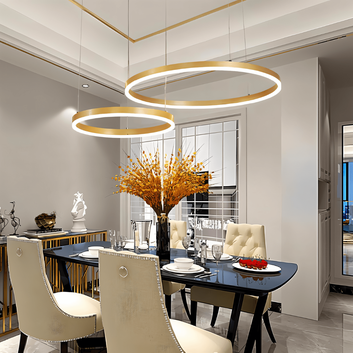Żyrandol LED Nova Ring z polerowaną czarną żelazną ramą