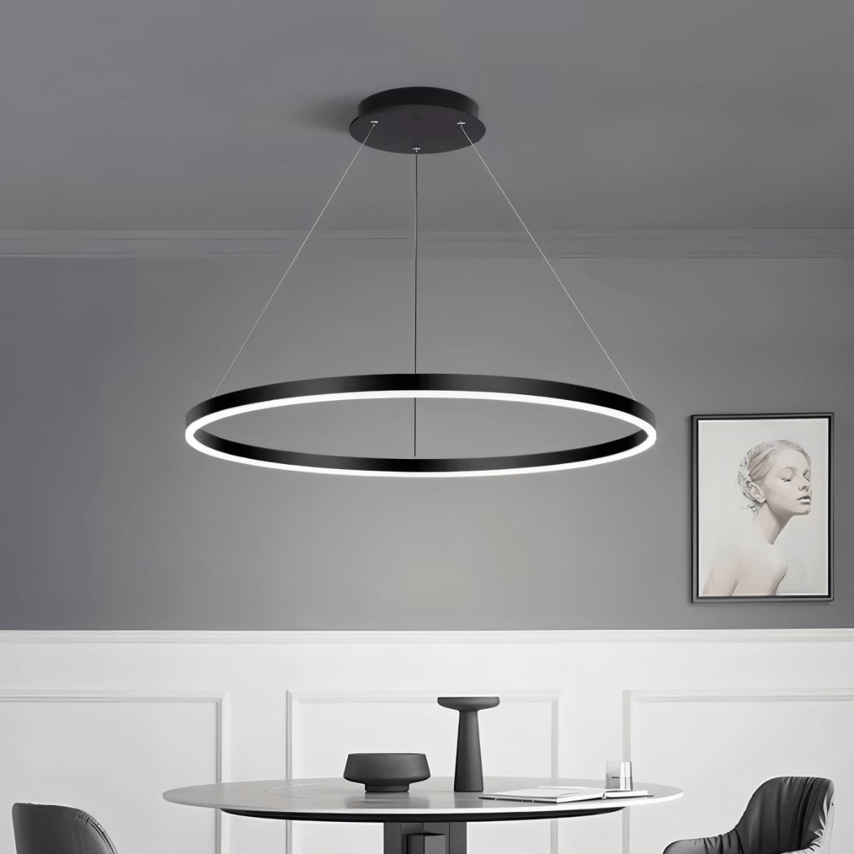Żyrandol LED Nova Ring z polerowaną czarną żelazną ramą