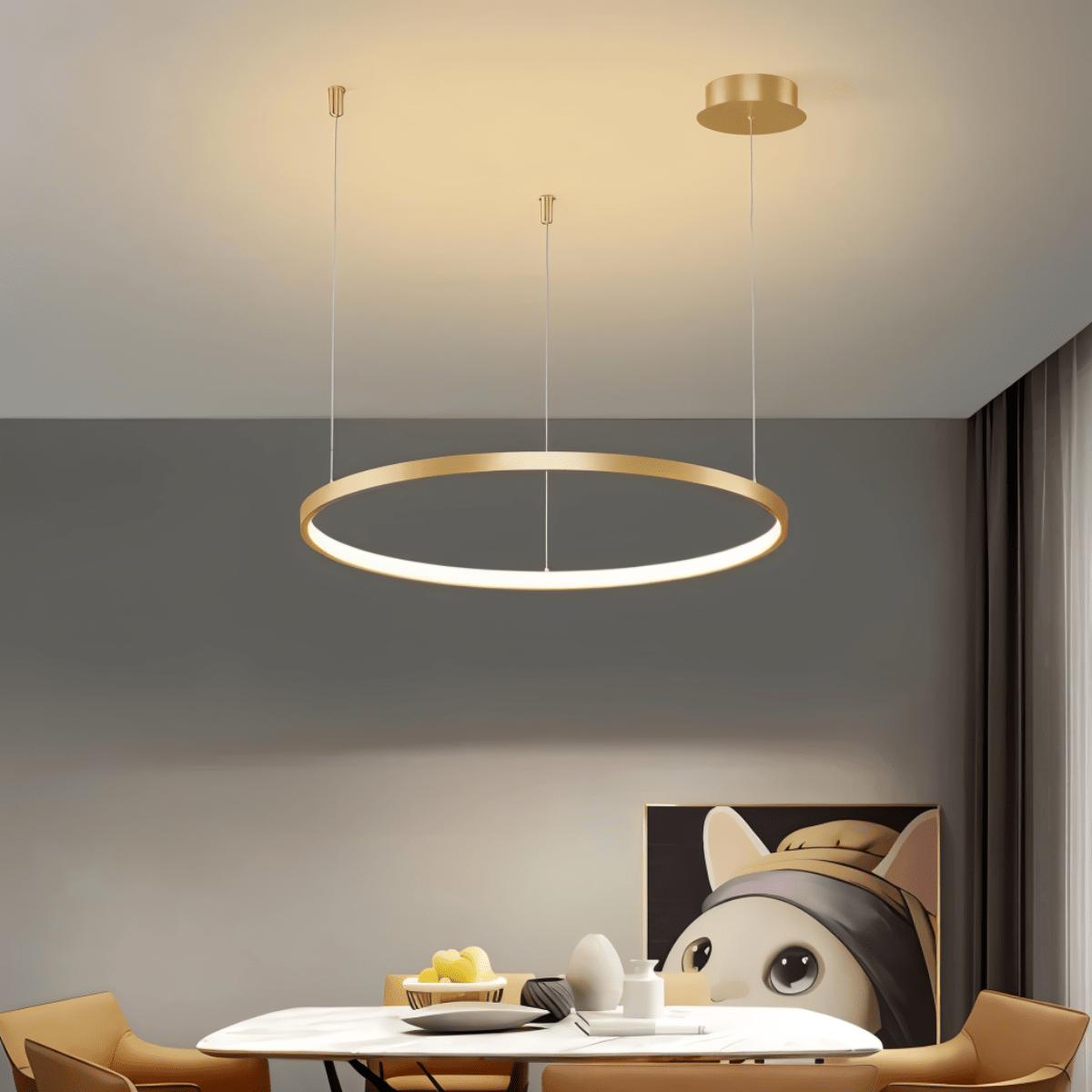 Lustr Aurora Circle s jemným halo osvětlením nad jídelním stolem