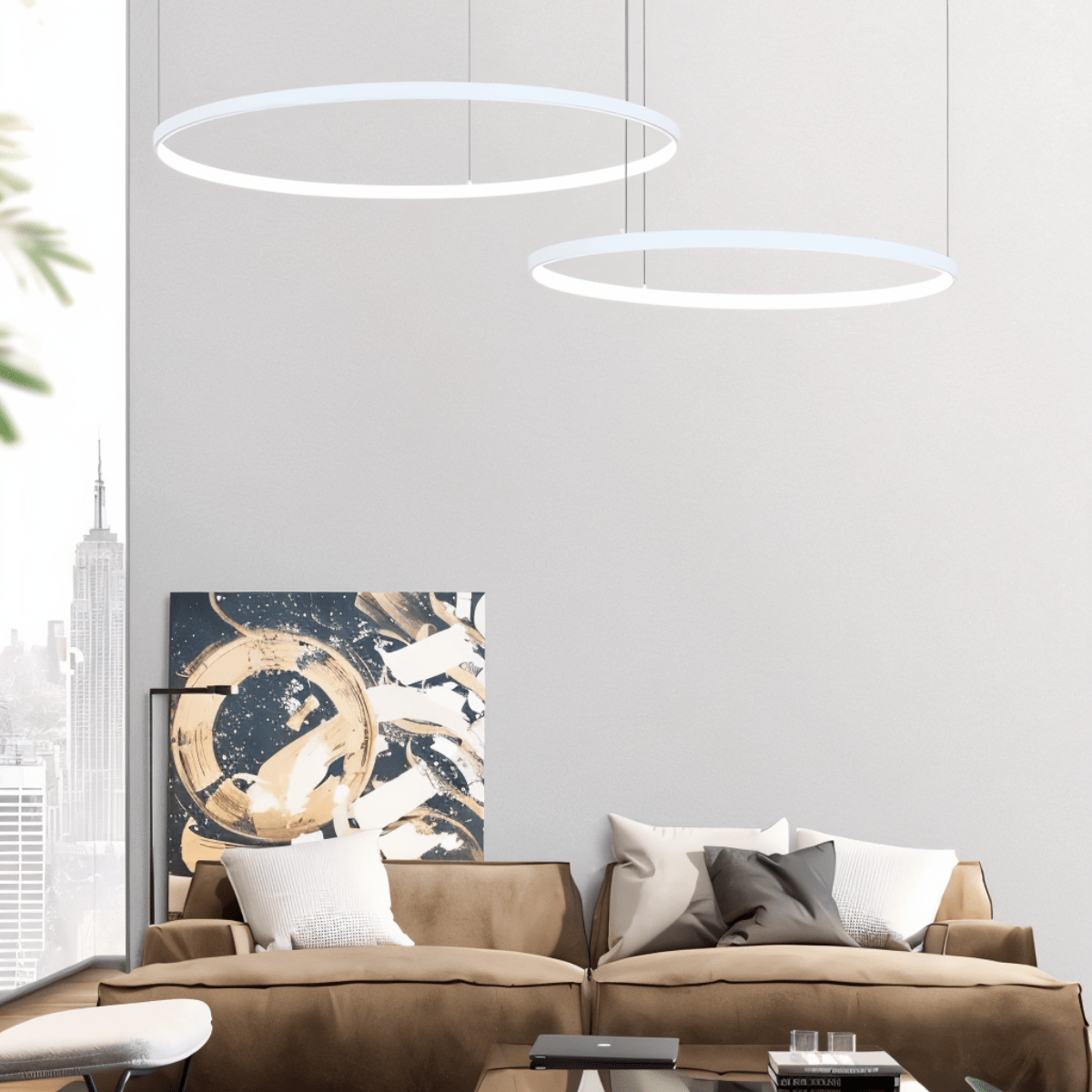 Lustr Aurora Circle s jemným halo osvětlením nad jídelním stolem