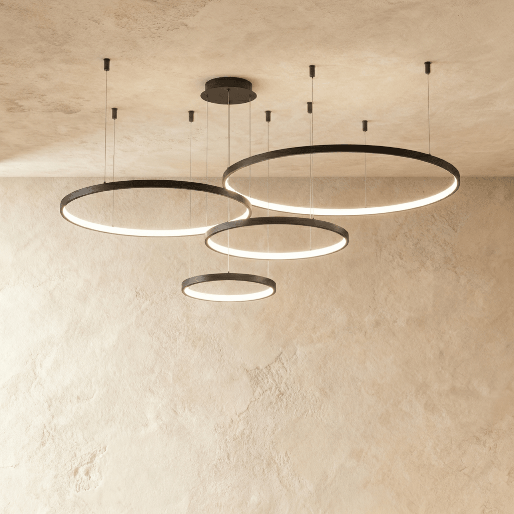 Lustr Aurora Circle s jemným halo osvětlením nad jídelním stolem