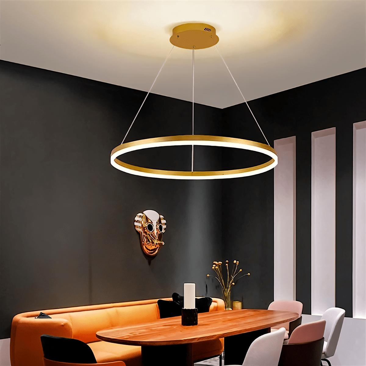 Żyrandol LED Nova Ring z polerowaną czarną żelazną ramą