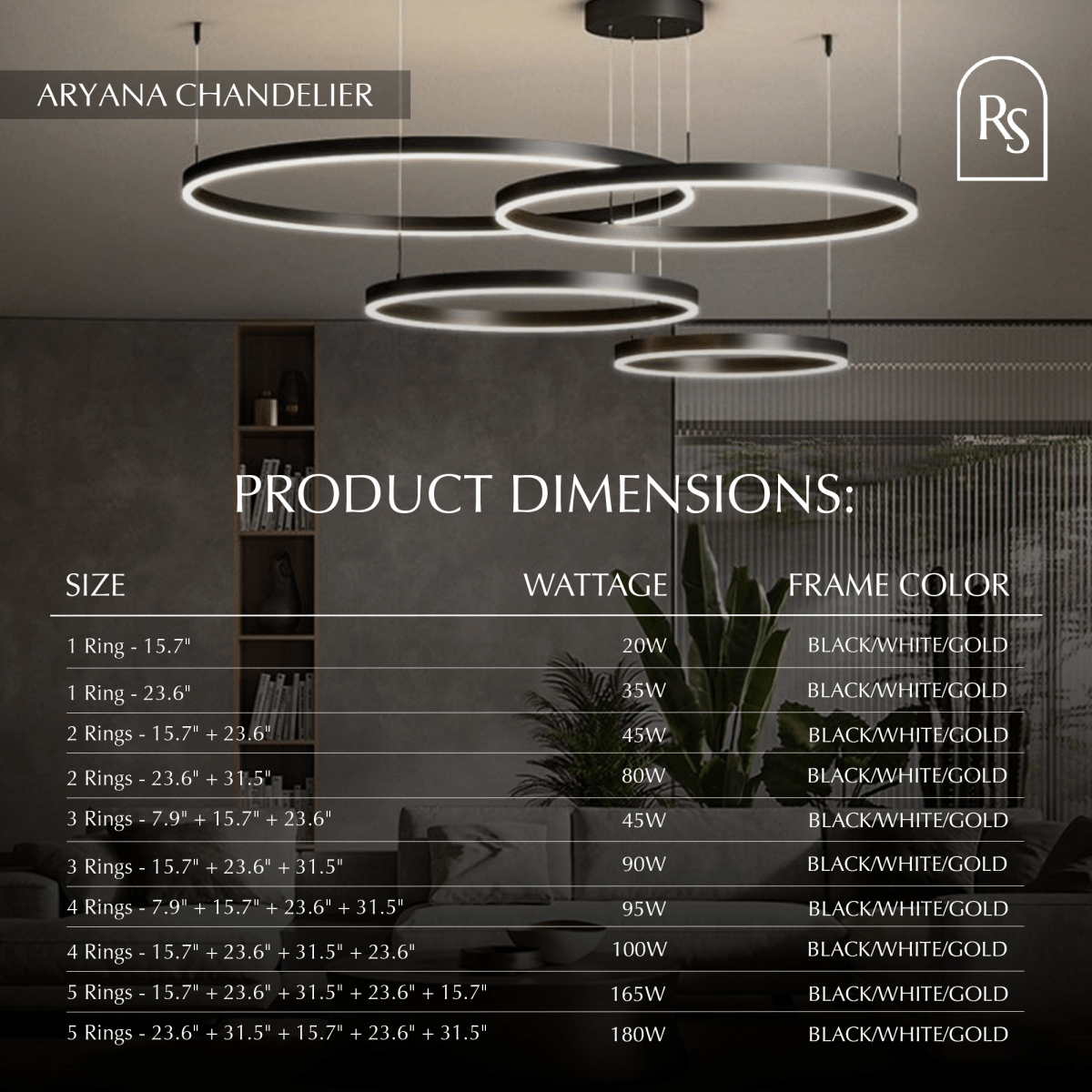 Żyrandol LED Nova Ring z polerowaną czarną żelazną ramą
