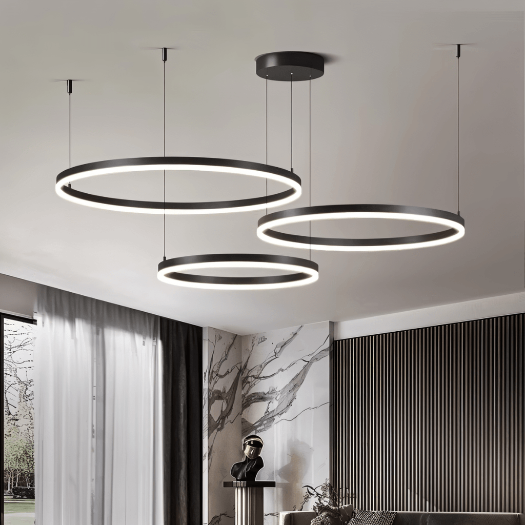 Żyrandol LED Nova Ring z polerowaną czarną żelazną ramą