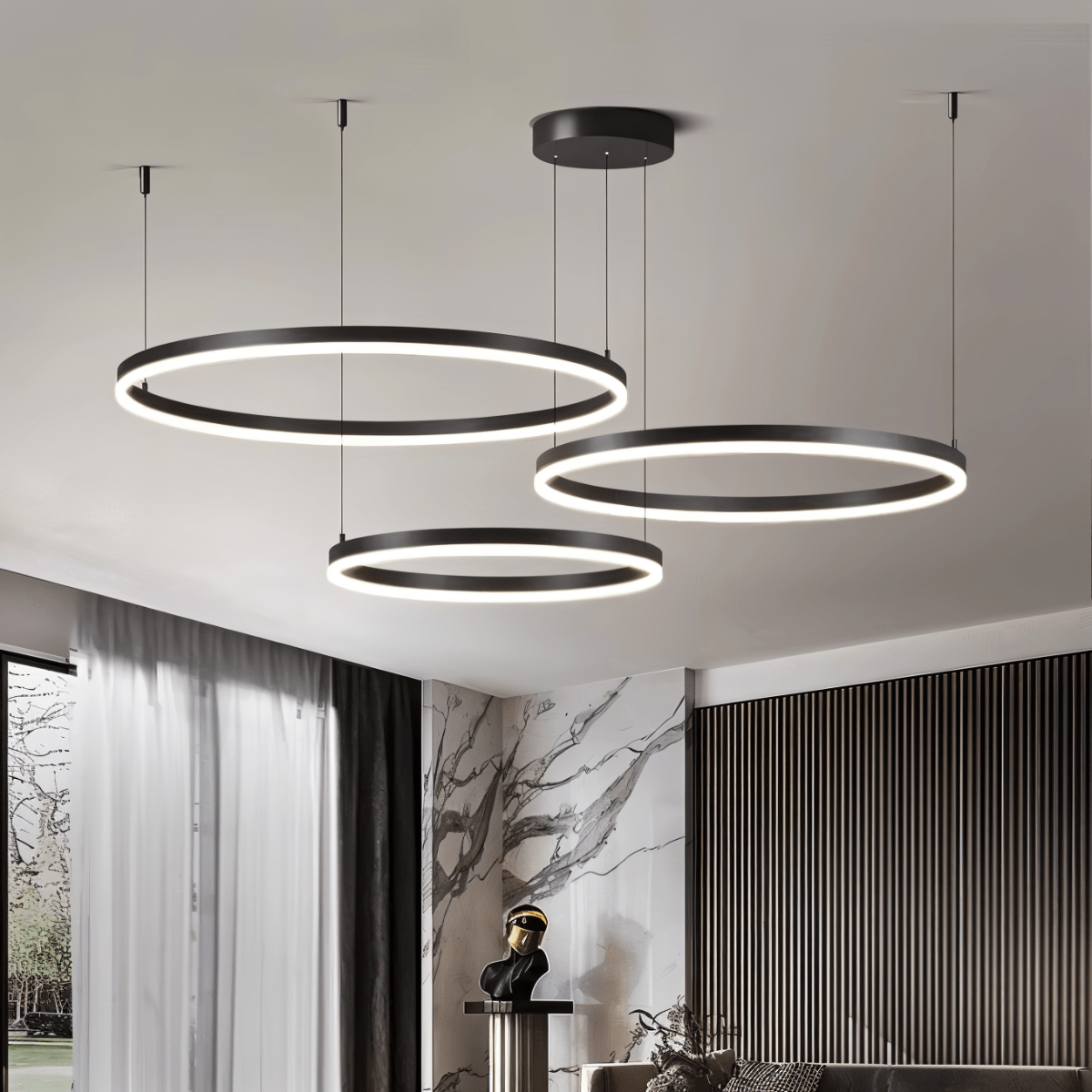 Żyrandol LED Nova Ring z polerowaną czarną żelazną ramą
