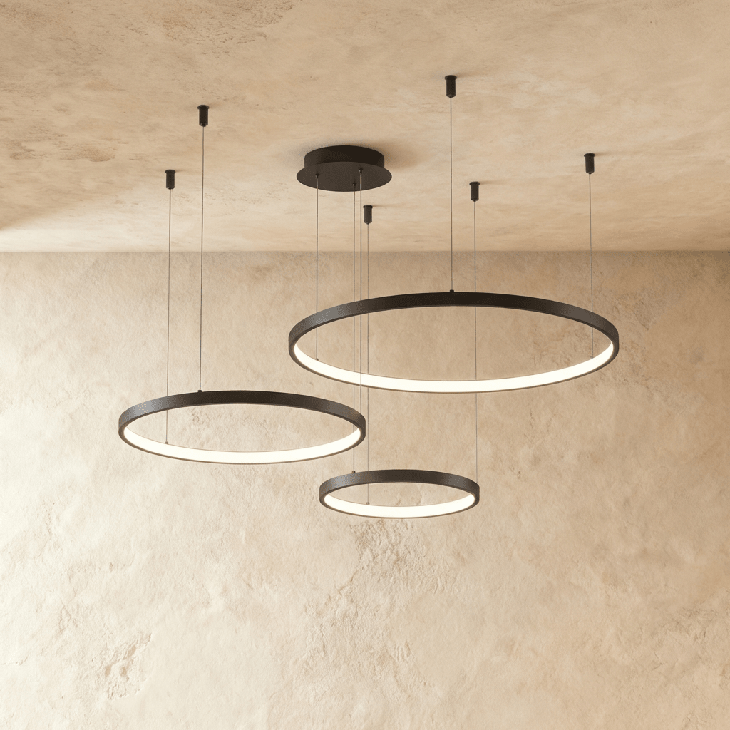 Lustr Aurora Circle s jemným halo osvětlením nad jídelním stolem