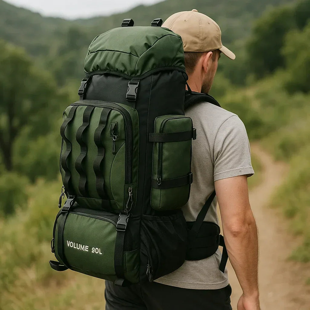 Ultralichte wandelrugzak van 90 liter, waterdicht ripstopmateriaal met regenhoes