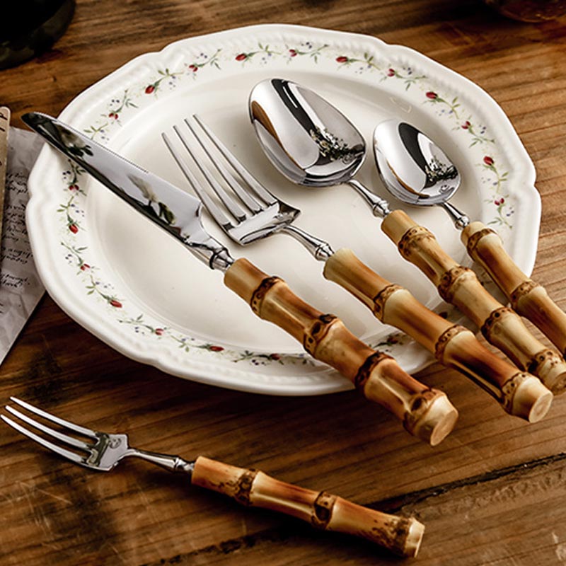 Bamboo & Stainless Steel Flatware Set, Eco-Friendly Dining Cutlery