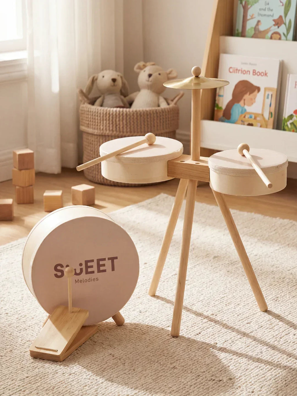 Set di tamburi classico in legno per neonati e bambini piccoli | Fioriscas
