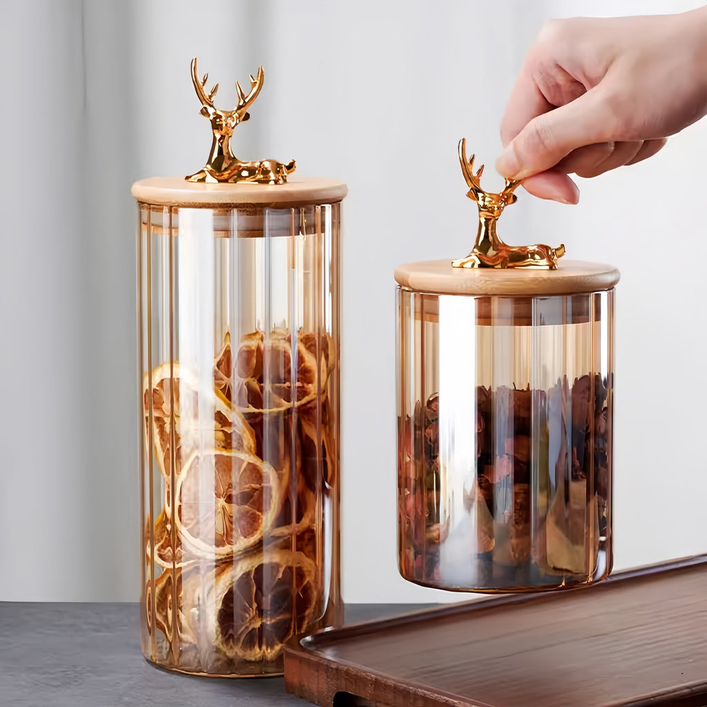 Sæt med ravfarvede glasbeholdere, Elowen Stag, 3 dele, guldlåg