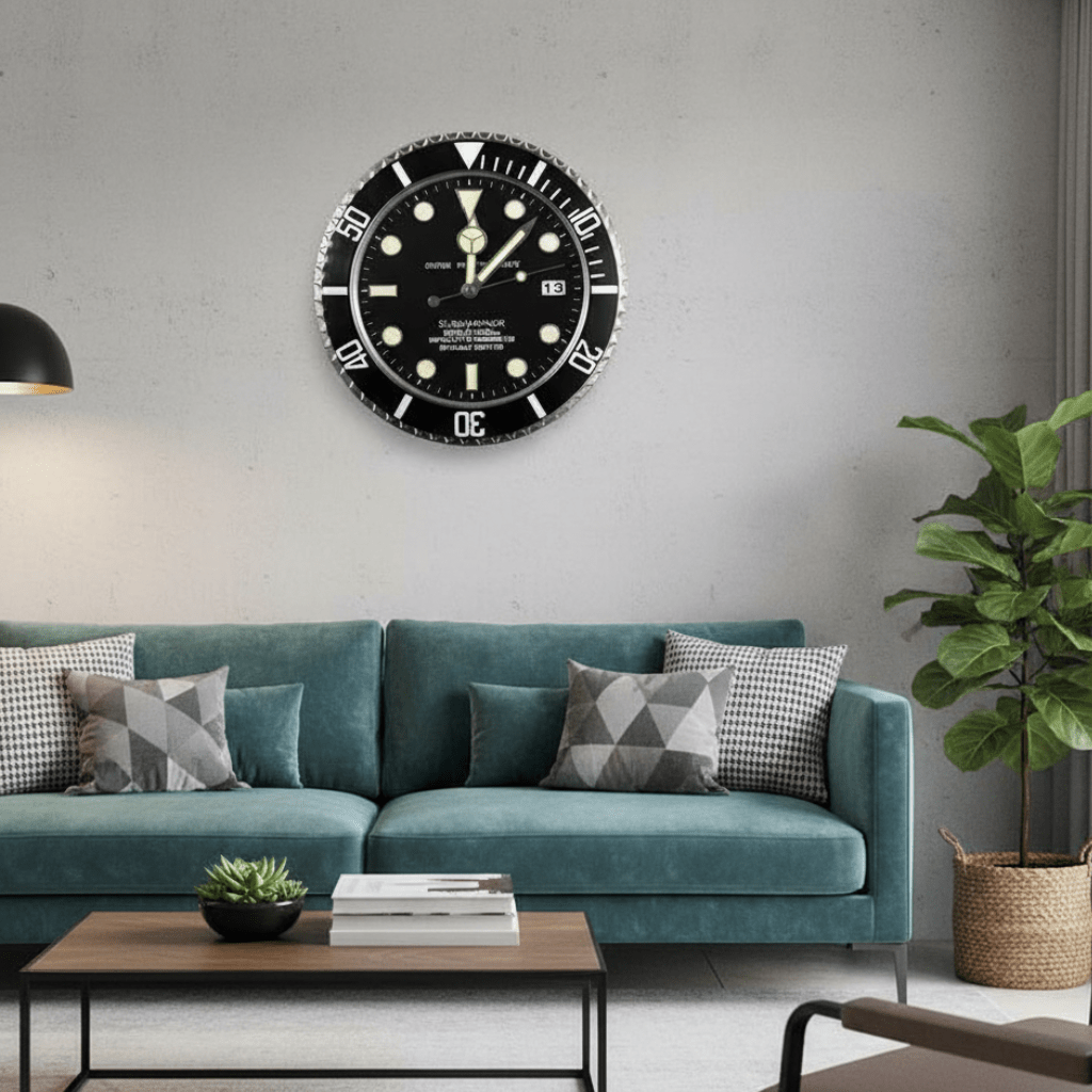 Relógio de parede silencioso com estrutura em aço inoxidável e ponteiros luminosos (33 cm) - Fioriscas