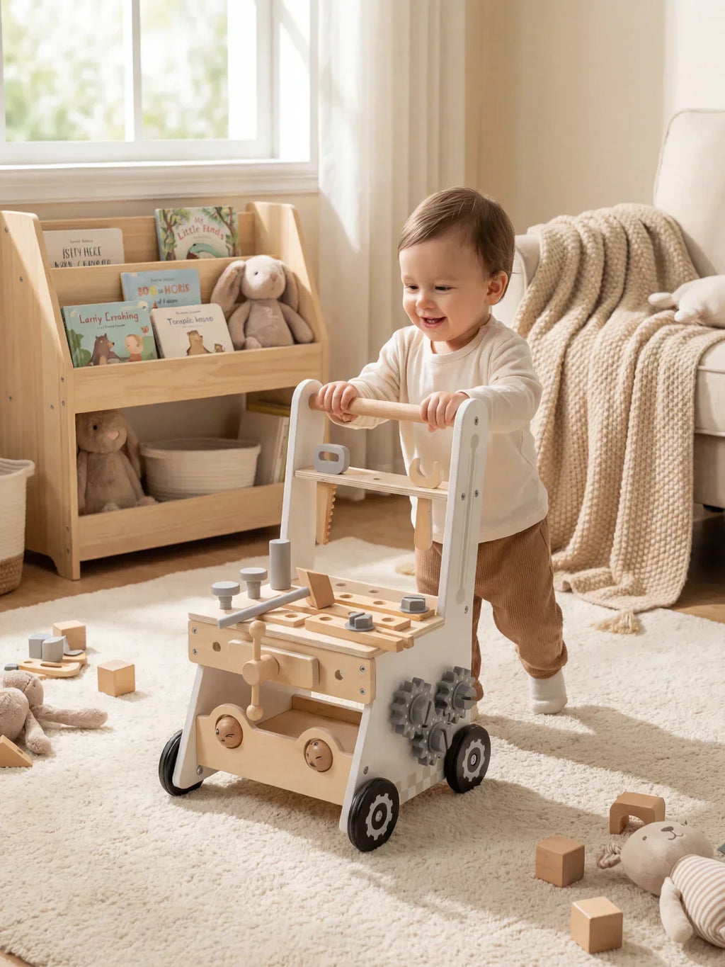 Trotteur pousseur pour bébé en bois avec établi, 2-en-1 | Fioriscas