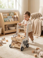 Trotteur pousseur pour bébé en bois avec établi, 2-en-1 | Fioriscas