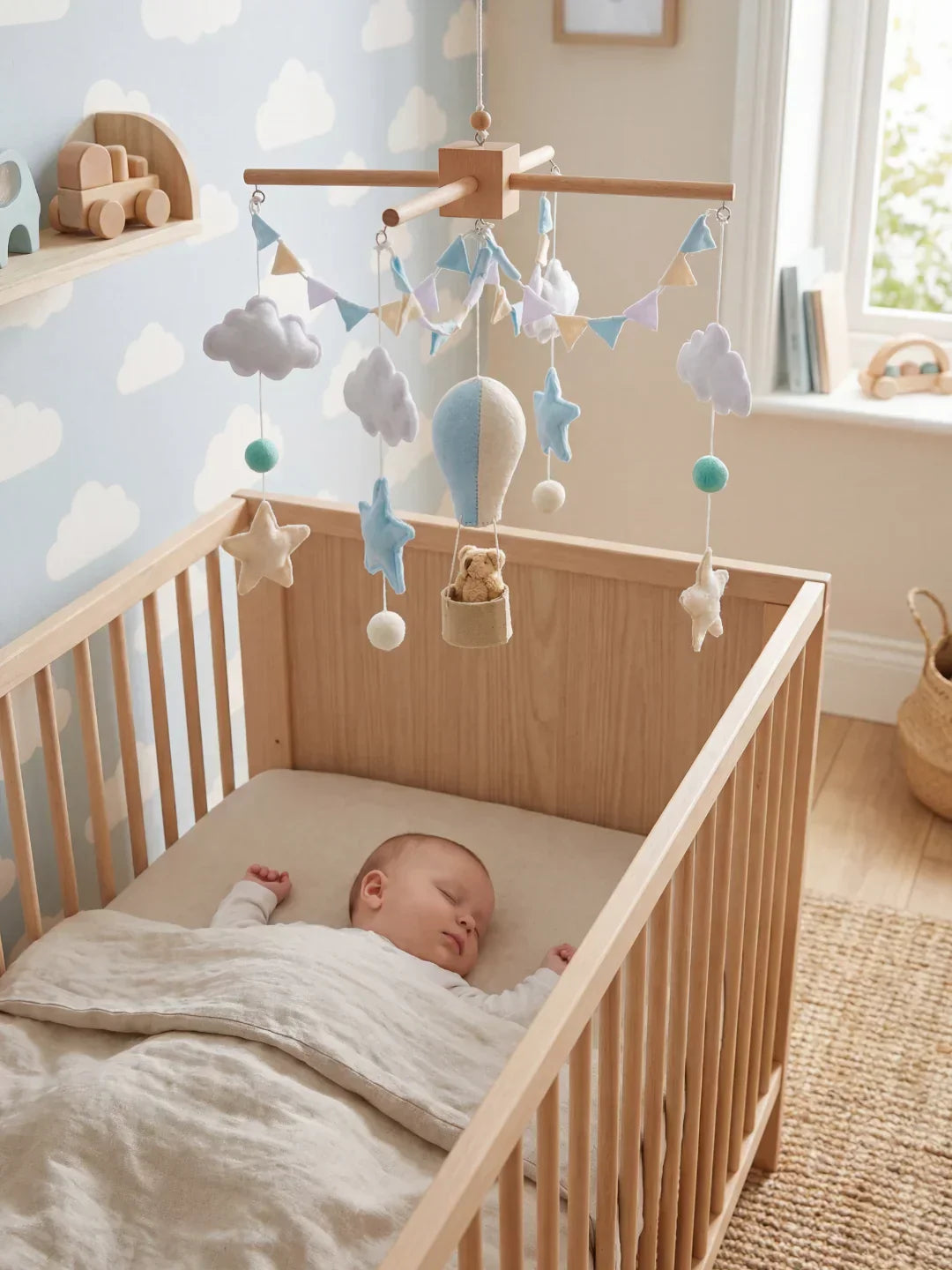 Natural Wood Crib Mobile To Calm Your Baby At Bedtime