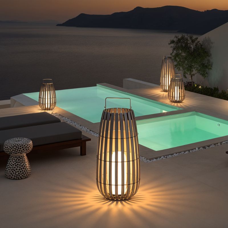 Luxe Rattan Kültéri Lámpás Hordozható Rozsdamentes Acél Fogantyúval
